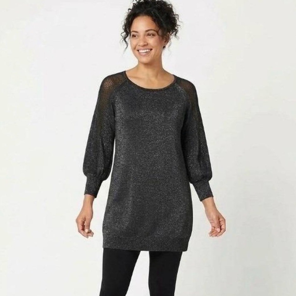 Eileen Fisher Merino Wool Metallic Blend Tunic Knit Sweater Lightweight Black M